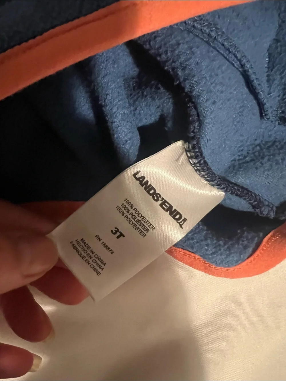 Lands' End Kids Navy and Blue Hooded Fleece Zip Jacket with Orange Trim Size 3T